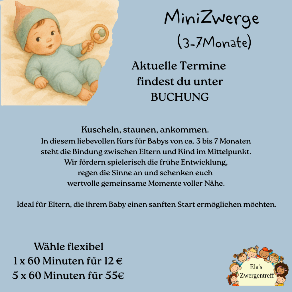 Kuscheln, staunen, ankommen.
In diesem liebevollen Kurs für Babys von ca. 3 bis 7 Monaten
steht die Bindung zwischen Eltern und Kind im Mittelpunkt.
Wir fördern spielerisch die frühe Entwicklung,
regen die Sinne an und schenken euch
wertvolle gemeinsame Momente voller Nähe.
Ideal für Eltern, die ihrem Baby einen sanften Start ermöglichen möchten.
Block und einzelstunden
Eltern-Kind-Kurs 3-7 Monate alte Babys in Lemgo