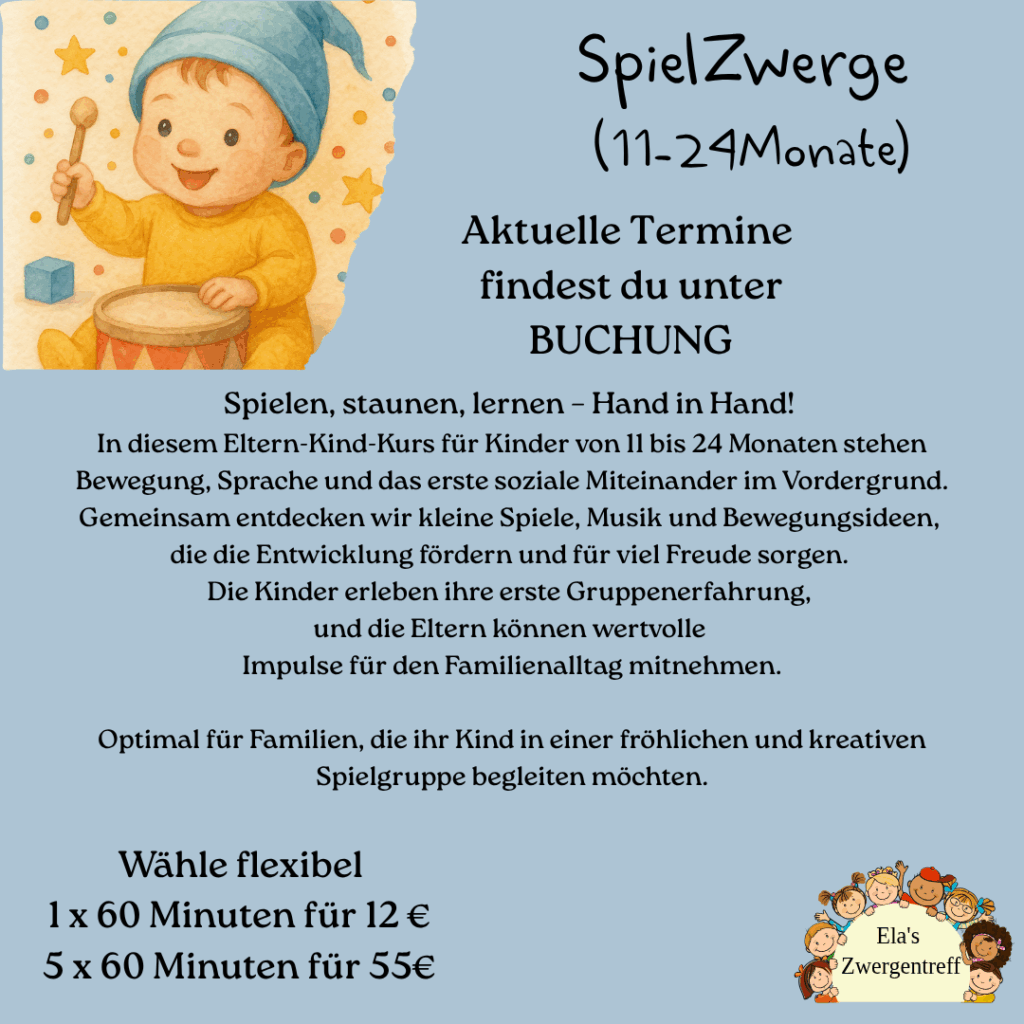 Spielen, staunen, lernen – Hand in Hand!
In diesem Eltern-Kind-Kurs für Kinder von 11 bis 24 Monaten stehen
Bewegung, Sprache und das erste soziale Miteinander im Vordergrund.
Gemeinsam entdecken wir kleine Spiele, Musik und Bewegungsideen,
die die Entwicklung fördern und für viel Freude sorgen.
Die Kinder erleben ihre erste Gruppenerfahrung,
und die Eltern können wertvolle
Impulse für den Familienalltag mitnehmen.
Optimal für Familien, die ihr Kind in einer fröhlichen und kreativen
Spielgruppe begleiten möchten.
Eltern-Kind-Kurse Lemgo 11-24 Monate alte Babys / Kleinkinder